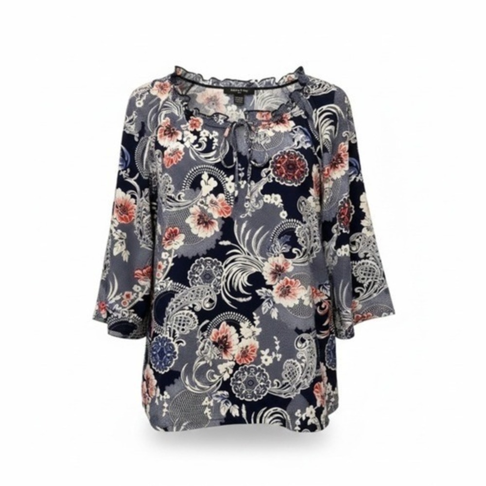 Adele & May Womens Plus Size 3X Floral Paisley Tunic Top 3/4 Sleeve Navy White